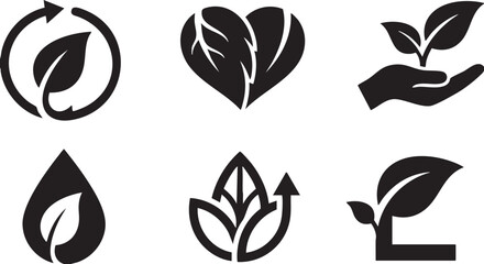 Six black silhouette representing nature growth and recycling concepts leaf recycle water