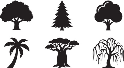 Six distinct black tree silhouettes including palm pine baobab and weeping willow white nature