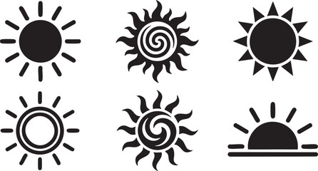 Six black sun with varied ray on white background symbol