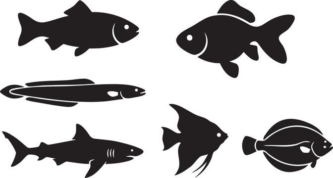 Six black silhouette fish including shark angelfish flounder eel goldfish white