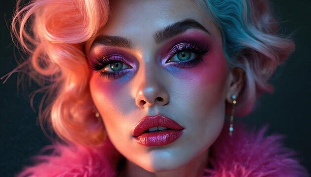 Person wears vibrant makeup and pastel hair. Colorful eye shadow and lipstick. Bold eyelashes. Artistic portrait of a performer or model. Fluffy pink boa.