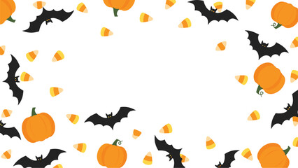 Fototapeta premium Halloween party background or frame with cute pumpkins, black bats, and candy corn scattered on a clean white copy space.