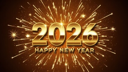 Happy new year 2026 with golden fireworks on dark background