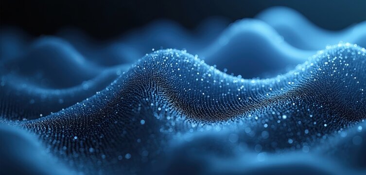 Abstract blue wave pattern made of many tiny dots forms a background. This digital art is suitable for tech concepts, science themes, or futuristic designs.