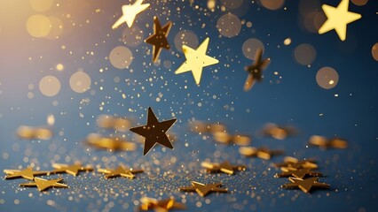 Golden stars and glittering confetti falling against a dark blue background with bokeh lights