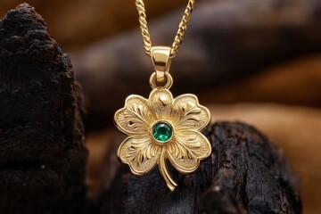 Elegant Gold Four-Leaf Clover Pendant with Green Gemstone Detail