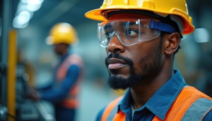 Black man wears hard hat safety glasses and vest in factory. He works at industrial plant with machinery. Another worker operates equipment in background.