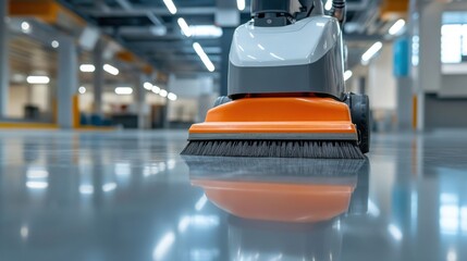 Industrial Cleaning Machine Scrubbing a Polished Floor Surface
