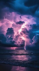 Lightning striking through stormy clouds over a dark ocean