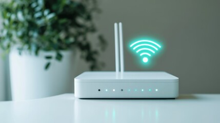 Modern Wi-Fi router on a minimalist white desk with glowing signal