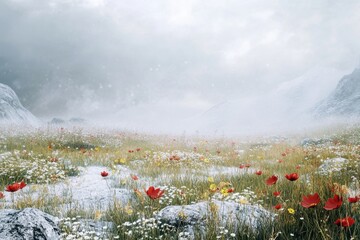 Vibrant wildflower field under misty skies in a serene mountainous landscape