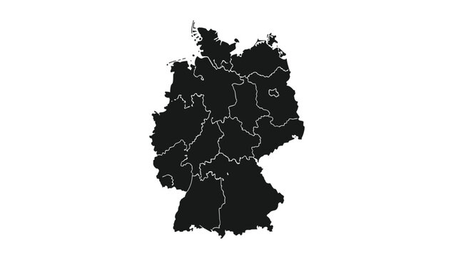 Black silhouette map of Germany showing the borders of its individual federal states, isolated on a clean white background.