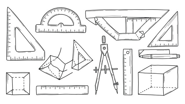 Hand-drawn collection of geometry and drafting tools including rulers, triangles, a protractor, and a compass for school or work.