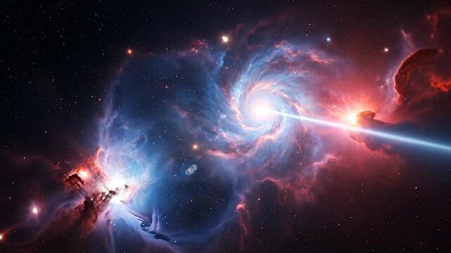Cosmic Nebula with Galactic Spiral and Bright Beam across Dark Space Backdrop with Red and Blue Hues