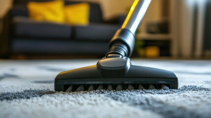 Vacuum cleaner nozzle close up cleaning grey carpet