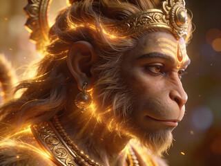 Close-up portrait of a powerful divine monkey deity with glowing golden fur and elaborate crown, set against a blurred mystical background.