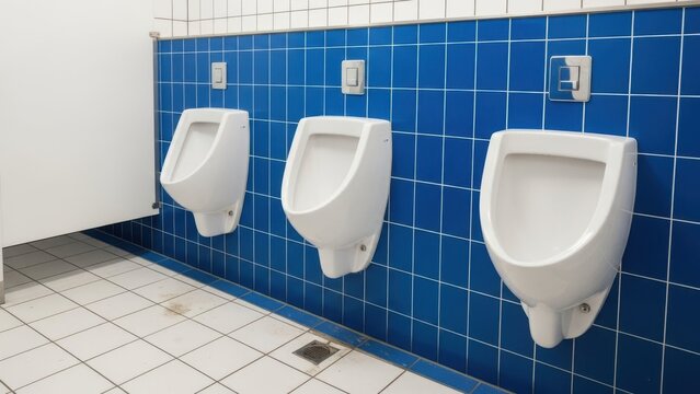 Three white urinals mounted on blue tiled wall in bathroom