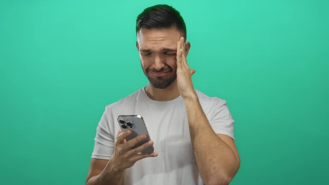 Young hispanic man holding smartphone with frustrated expression against green background, wearing casual white shirt, embodies modern digital stress and communication frustration.