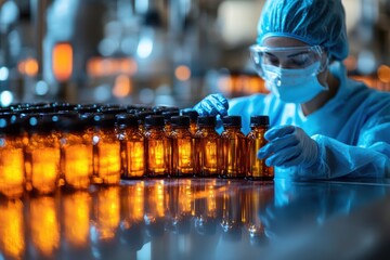 Woman Working in Laboratory with Amber Bottles Under Blue Light