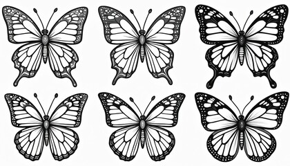 Obraz premium Collection of six black and white butterfly graphics. Six different butterfly illustrations are arranged in two rows. Each butterfly has detailed wings and body outline.