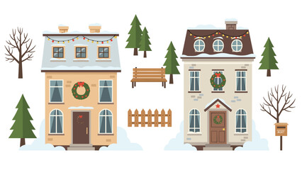 Beautifully decorated winter townhouses with snow, Christmas wreaths, lights, trees, and other urban elements for holiday greeting cards.