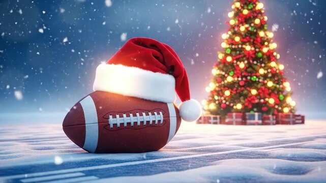 American football ball with santa hat in snowy winter Christmas scene. Christmas sports holiday event marketing for winter season.