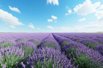 Fototapeta premium Lavender fields blooming under a clear blue sky on a sunny day
