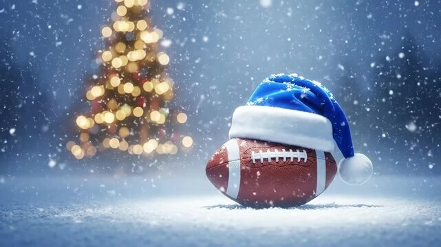 American football wearing a blue Christmas hat on snowy ground. Winter sport and holiday celebration concept. Christmas eve or New Years eve.