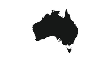 Simple black silhouette map of the country and continent of Australia, including Tasmania, isolated on a clean white background.