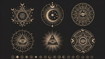 Set of intricate occult and esoteric symbols featuring celestial and mystic elements