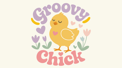 Groovy chick enjoying a whimsical pastel spring scene adorned with hearts and flowers Vector