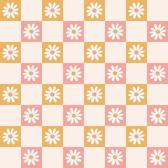 Checkerboard seamless pattern with daisy flowers. Perfect for fabric, wallpapers and gift designs