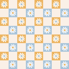 Checkerboard seamless pattern with daisy flowers. Perfect for fabric, wallpapers and gift designs