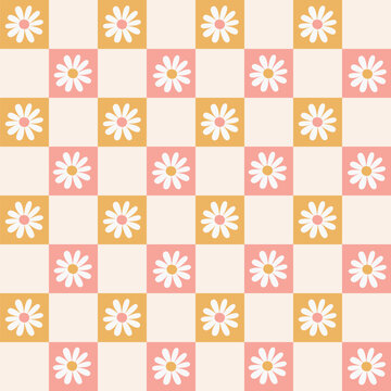 Checkerboard seamless pattern with daisy flowers. Perfect for fabric, wallpapers and gift designs