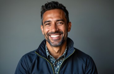Fototapeta premium Happy middle aged man with beard smiles brightly. He wears a casual jacket and patterned shirt. Male portrait against neutral gray backdrop shows genuine joy.
