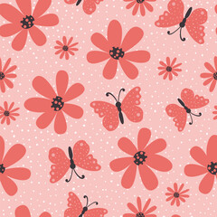 Vector seamless pattern with pink daisies and butterflies. Perfect for fabric, wallpapers and gift designs