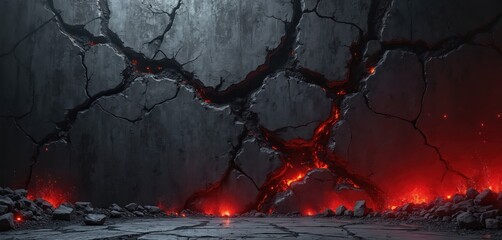 Charred stone wall cracks revealing bright red hot lava flow. Fiery molten rock spills onto rubble strewn ground. Intense heat emanates from volcanic fissure. Dark abstract background.