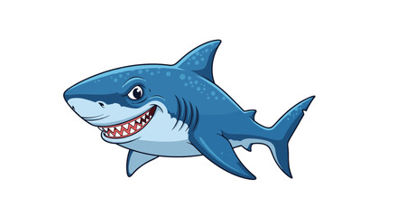 Obraz premium Friendly blue cartoon shark swims with a large toothy smile on a plain white background showing a fun marine character.