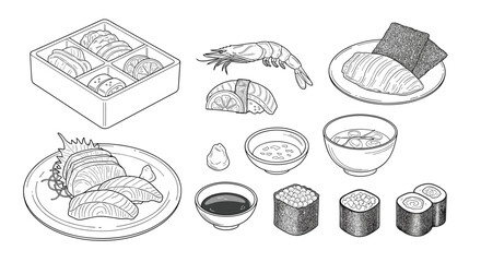 Fototapeta premium Traditional Japanese sushi and sashimi platter is depicted in a detailed black and white line art illustration style.