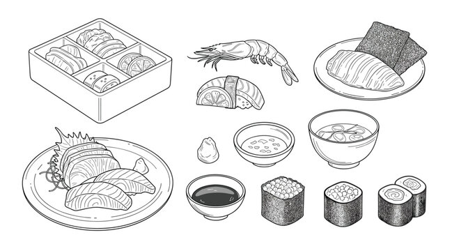 Traditional Japanese sushi and sashimi platter is depicted in a detailed black and white line art illustration style.