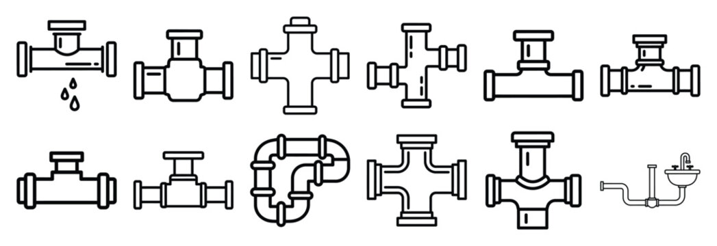 Set of outline icons water pipe installation . construction simple line isolated icon set collection