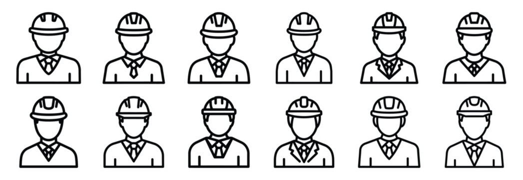 Set of outline icons worker attendance . construction simple line isolated icon set collection