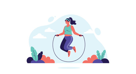 Obraz premium Energetic woman performs a jump rope exercise as part of her fitness routine against a scenic outdoor background.