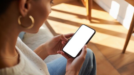 Digital Connection: A woman intently interacts with her smartphone, screen glowing. Captured from over-the-shoulder viewpoint, this image embodies modern connectivity and digital immersion. 