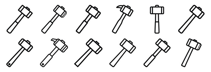 Naklejka premium Set of outline icons demolition hammer . construction simple line isolated icon set collection