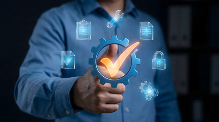 Quality assurance and service guarantee concept with checkmark,businessman showing thumb up to gear,approved product standard,reliability and excellence symbol,customer satisfaction.