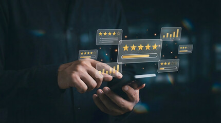 Customer review and feedback concept with five stars rating,user experience satisfaction survey,client opinion evaluation,quality service ranking,mobile app voting,reputation system.
