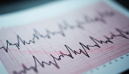 Electrocardiogram printout shows irregular heart rhythm. Medical graph displays abnormal pulse rate on graph paper. Cardiology test cardiac anomaly. Health care data analysis charts heart activity.