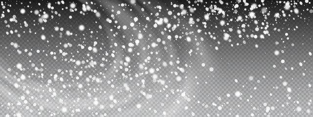 Snowstorm effect background featuring transparent white snowflakes on clear backdrop. Falling particles, dots, specks, flakes create winter texture. Vector overlay pattern design.