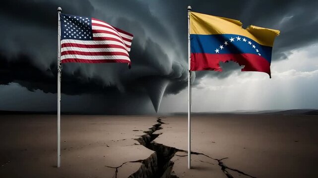 usa and venezuela flags near deep ground crack under approaching tornado